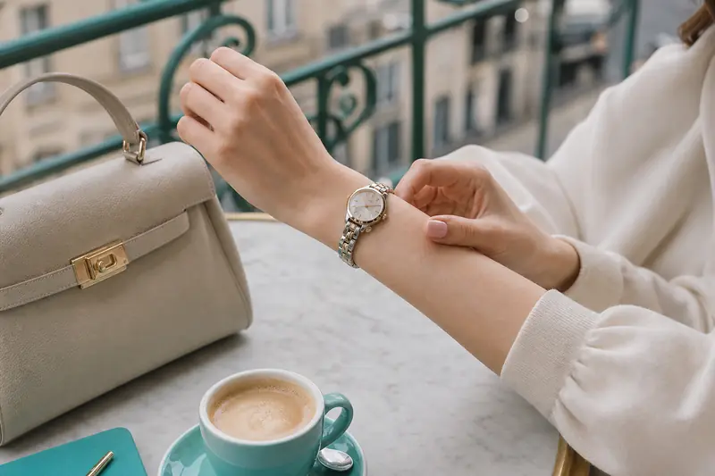 Montre Michael Kors femme dorée portée au poignet près d’un sac élégant