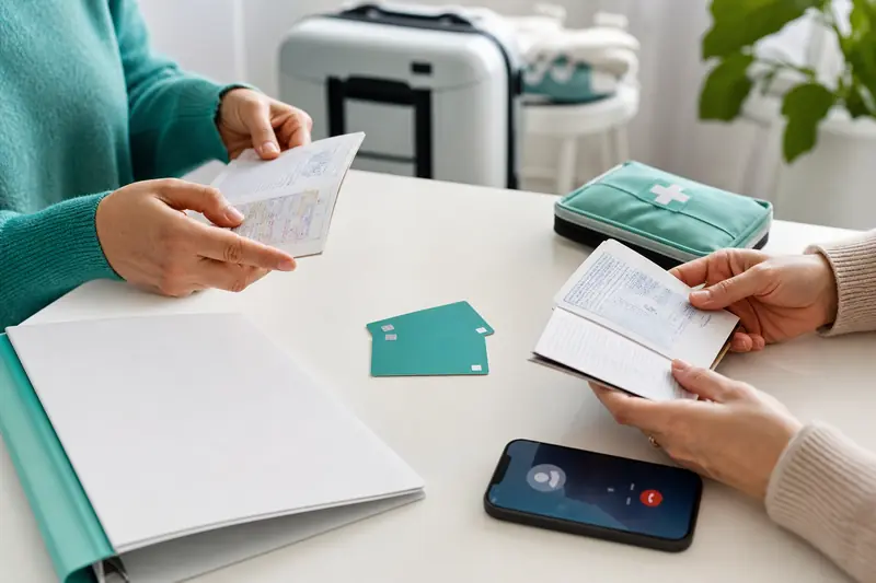 Famille préparant une couverture internationale et ses documents de santé avant un voyage