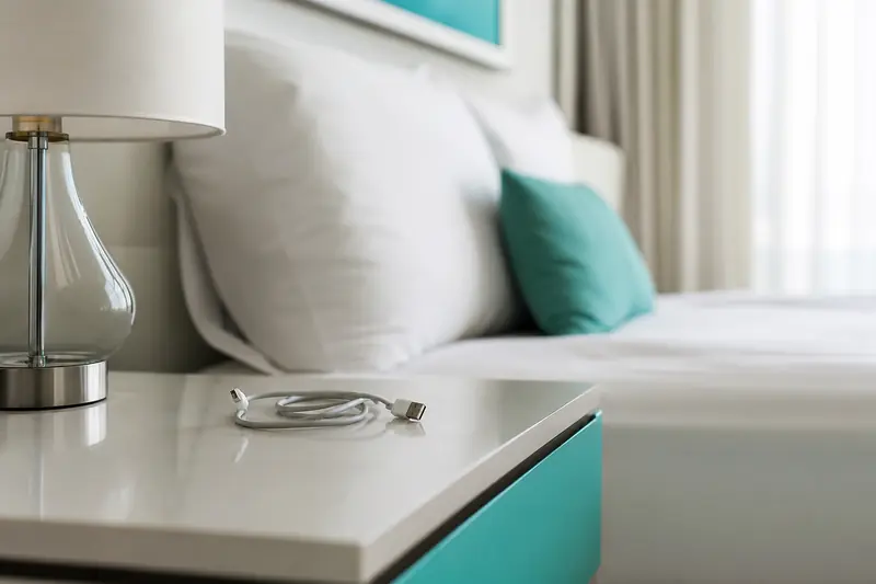 Chargeur de téléphone oublié sur une table de chevet dans une chambre d'hôtel