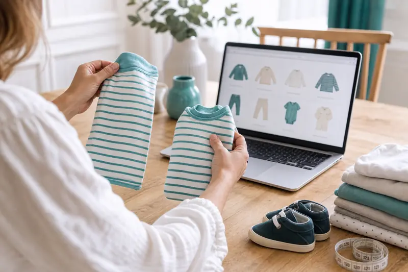 Parent comparant des vêtements enfants avant une réduction Vertbaudet sur ordinateur