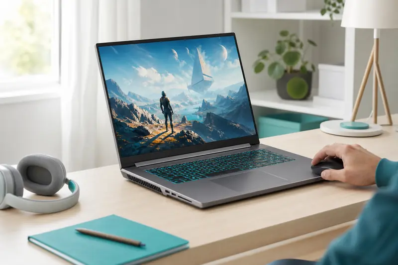 Ordinateur portable gaming 16 pouces installé sur un bureau lumineux avec souris et casque
