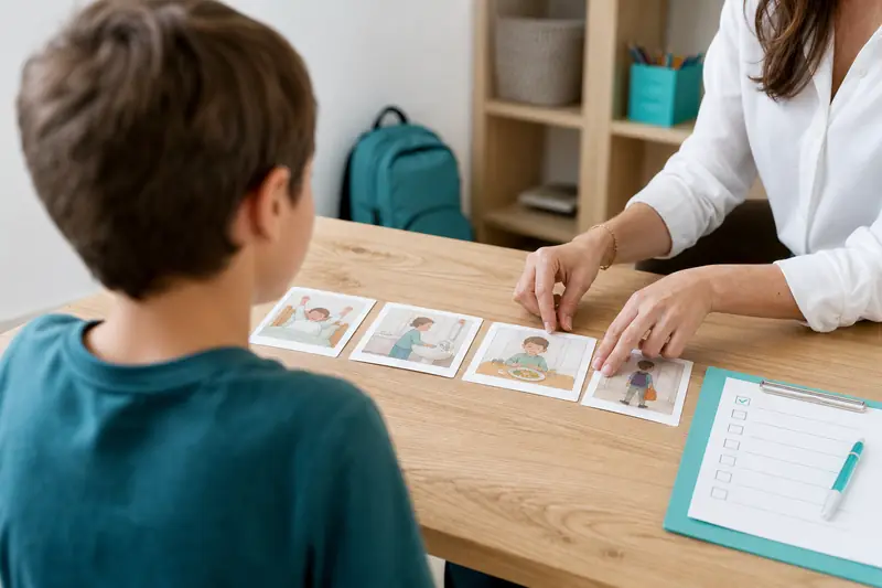 Séance d’accompagnement en orthophonie pour un enfant avec TDAH à une table.