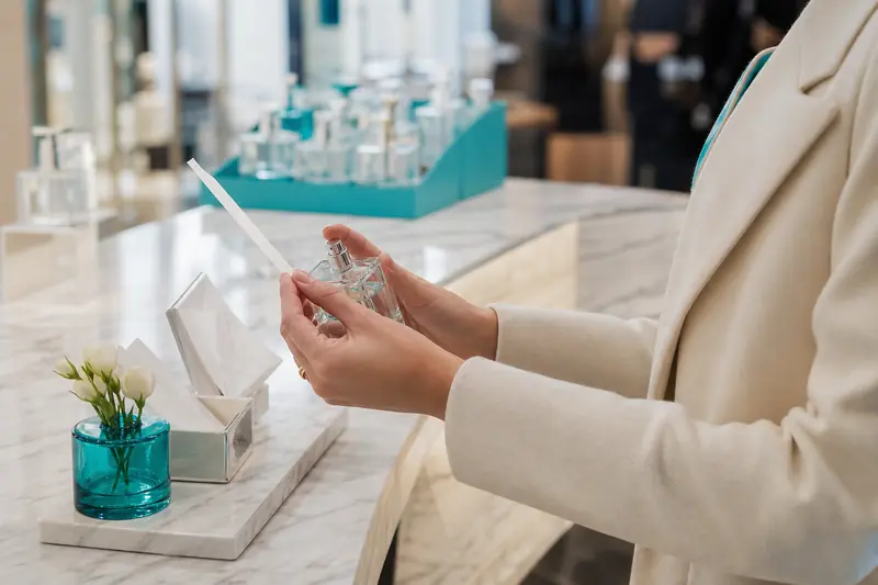 Test d’un parfum La Perla sur un comptoir de parfumerie française.