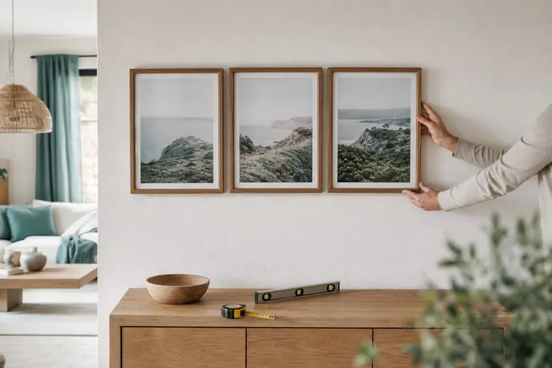 Trois cadres photo triptyque en bois alignés sur un mur clair.
