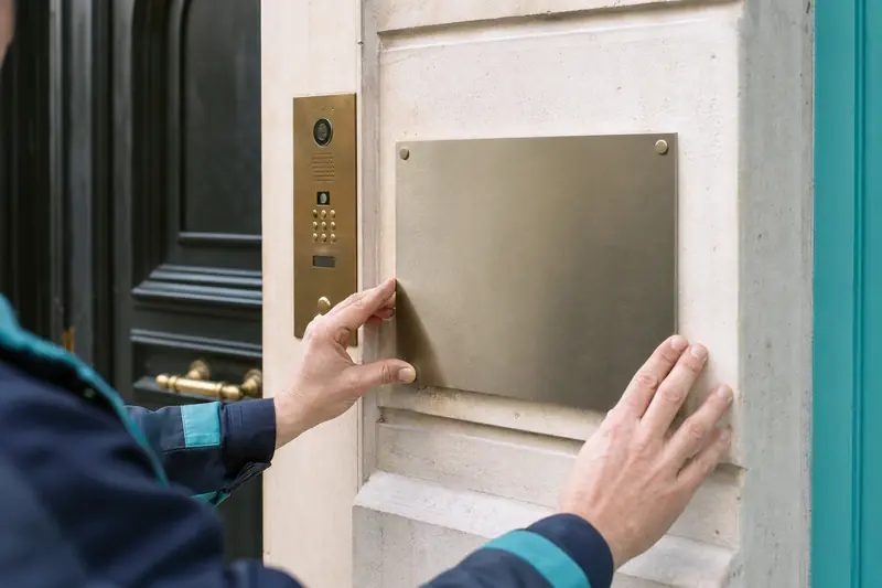 Installation d’une plaque professionnelle près de l’entrée d’un immeuble.