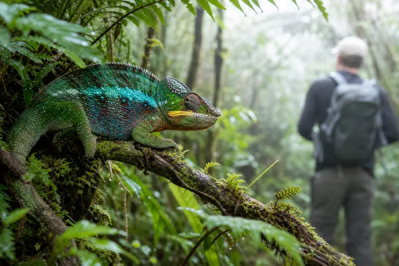Caméléon coloré immobile sur une branche dans une forêt de Madagascar