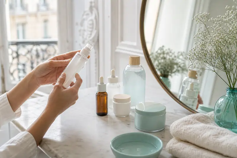 Sélection de soins visage adaptés aux différents types de peau sur une salle de bains.