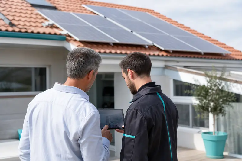 Installation de panneaux solaires sur une toiture de maison française.