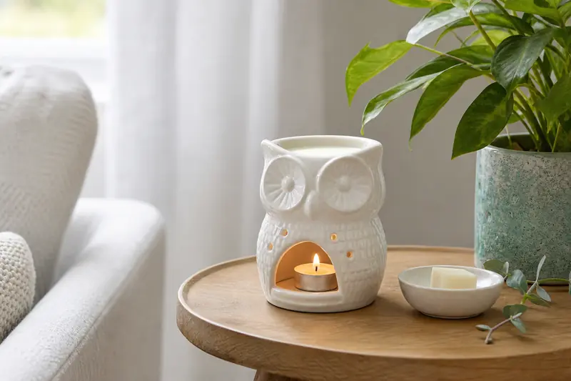 Brûle-parfum hibou en céramique sur une table de salon lumineuse
