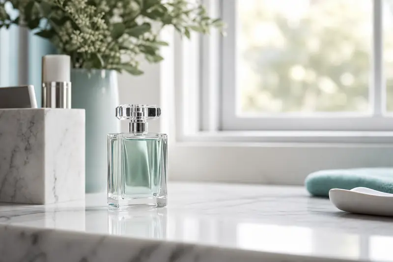 Flacon de parfum posé sur une coiffeuse avec de la lumière naturelle