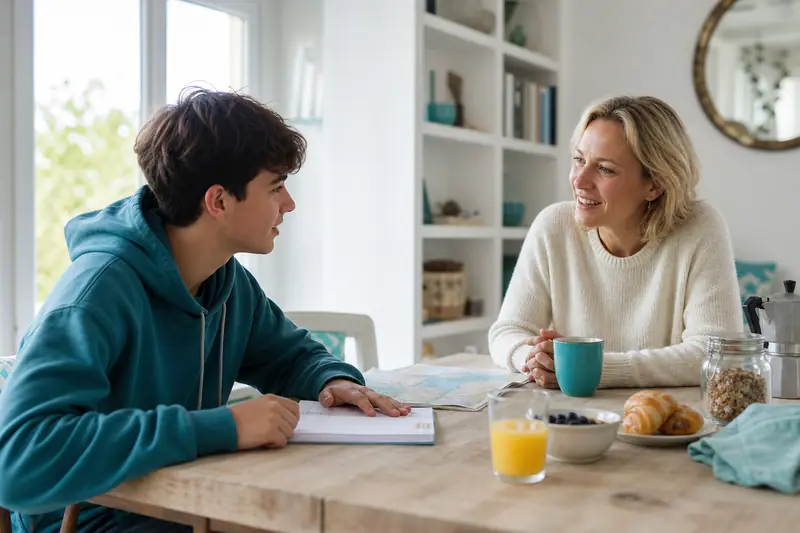Adolescent en séjour linguistique en Angleterre échangeant avec une famille d’accueil au petit déjeuner