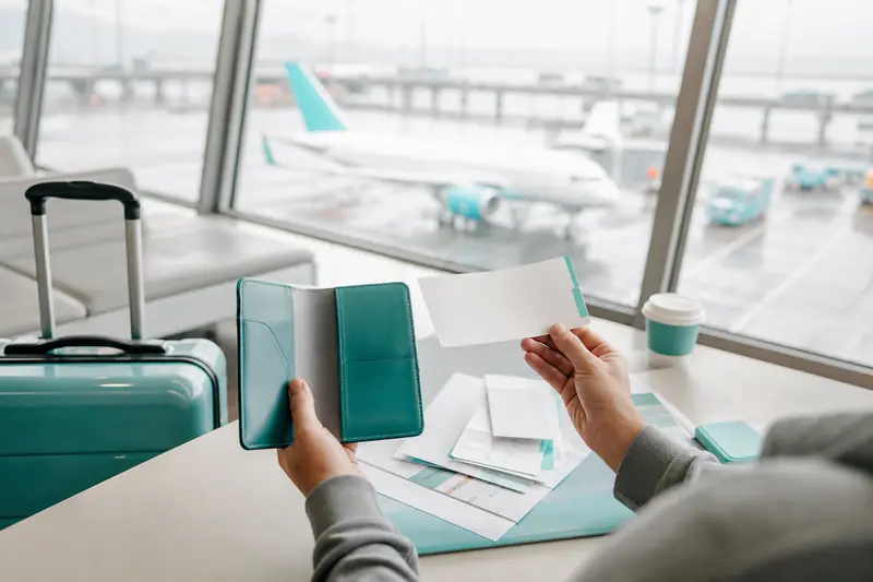 Voyageur consultant ses documents de voyage dans un aéroport, valise à côté de lui