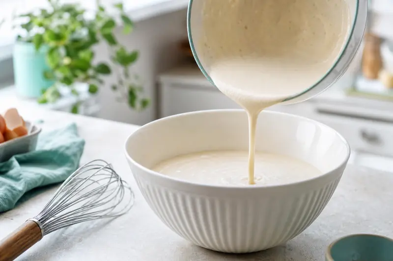 Pâte à crêpes versée dans un saladier avec un fouet posé à côté