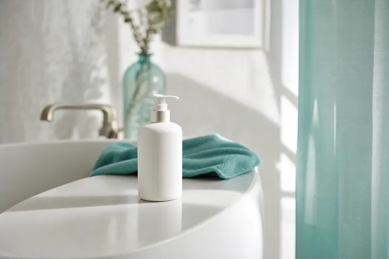 Flacon de crème hydratante posé sur le rebord d'une baignoire