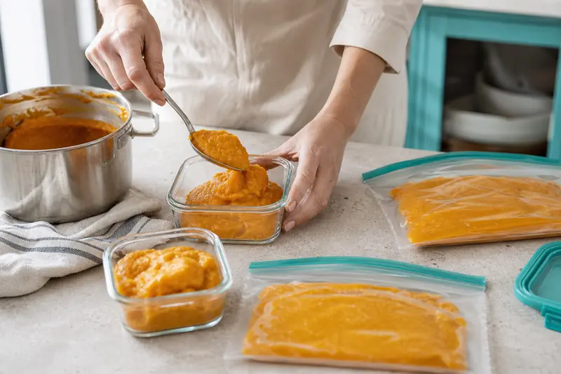 Portions de purée maison refroidies dans des boîtes prêtes à congeler.