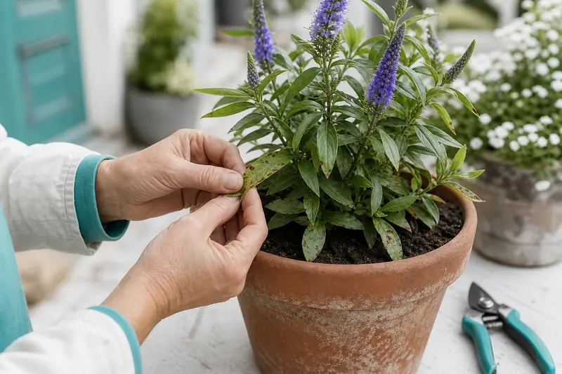 Jardinier inspectant les feuilles malades d’une véronique arbustive au jardin.