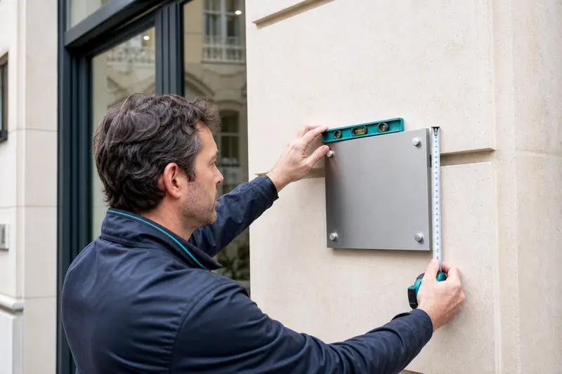 Pose d’une plaque professionnelle en métal à l’entrée d’un cabinet français
