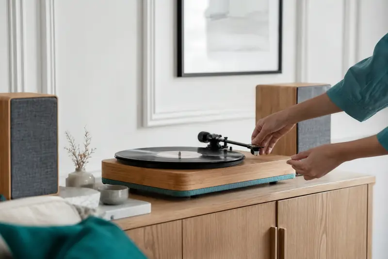 Platine vinyle House of Marley Simmer Down reliée à deux enceintes actives.