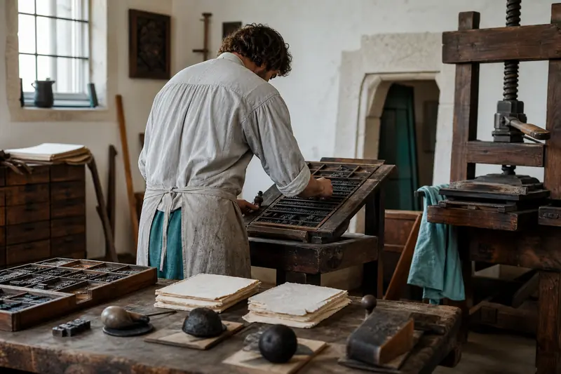 Atelier des premières imprimeries européennes avec presse en bois et caractères mobiles