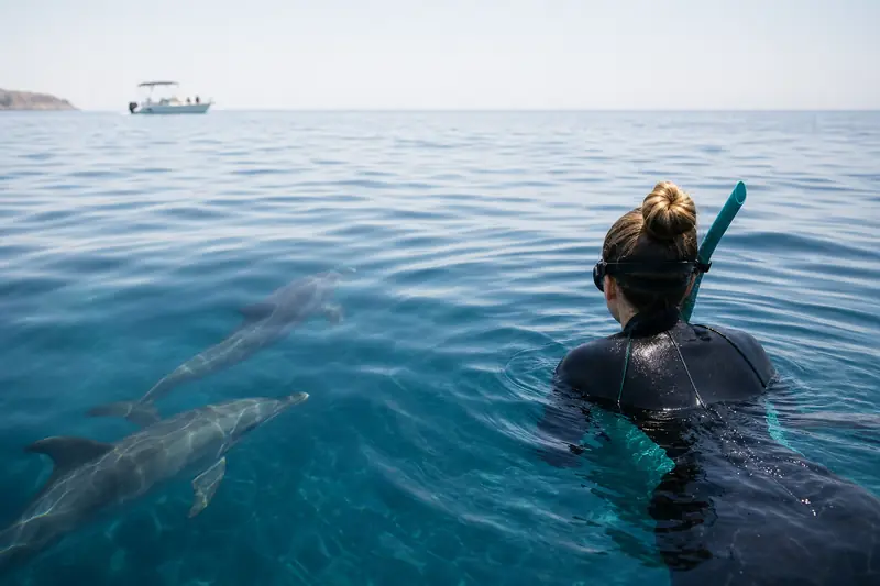 Apnéiste observant calmement des dauphins libres dans une eau transparente
