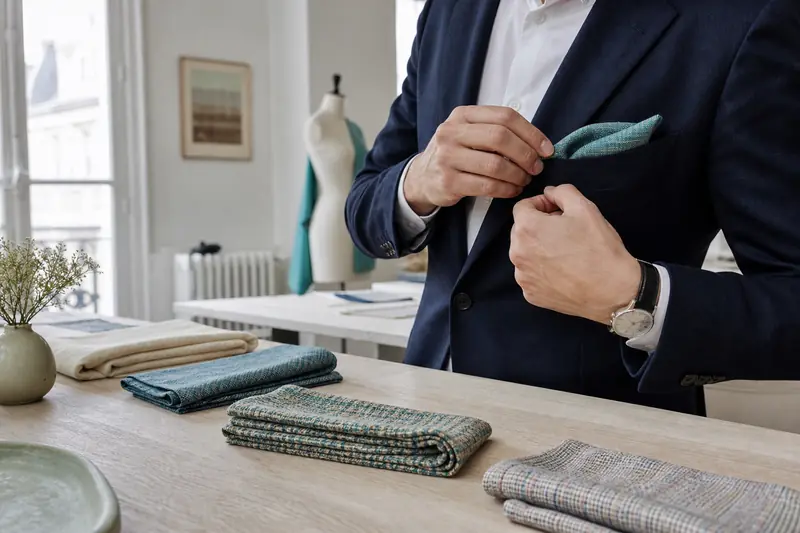 Pochettes de costume recyclées pliées sur une veste bleu marine.