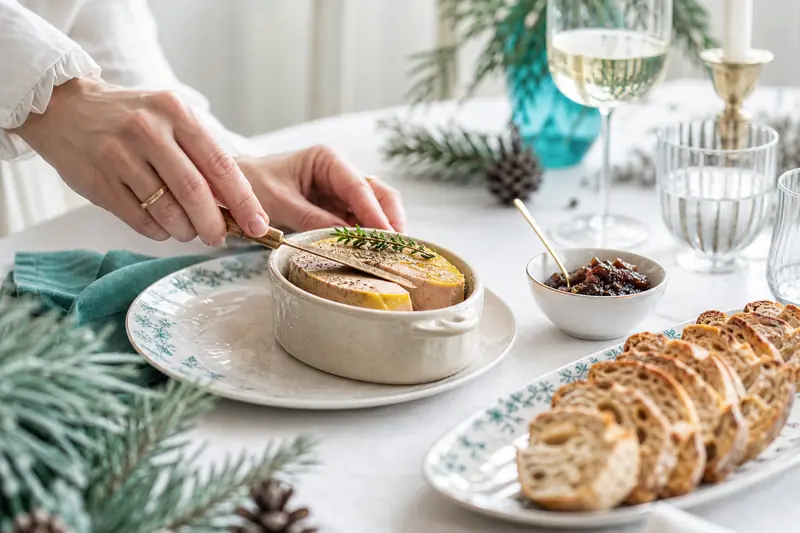Tranches de foie gras servies avec pain grillé pour un repas de fête