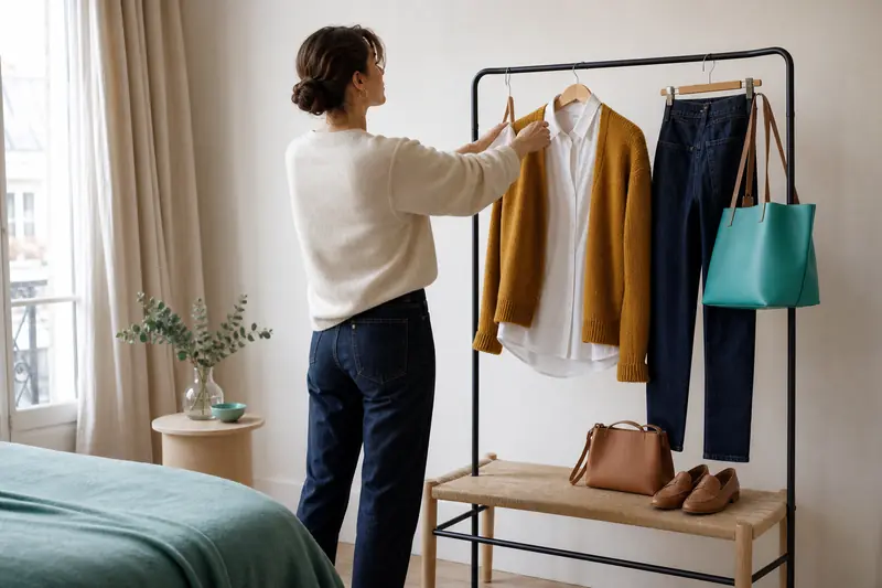 Tenue jaune moutarde associée à une chemise blanche et un jean brut