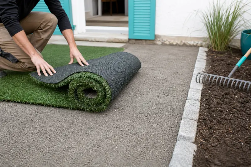 Pose de gazon artificiel sur terre préparée avec une couche drainante.