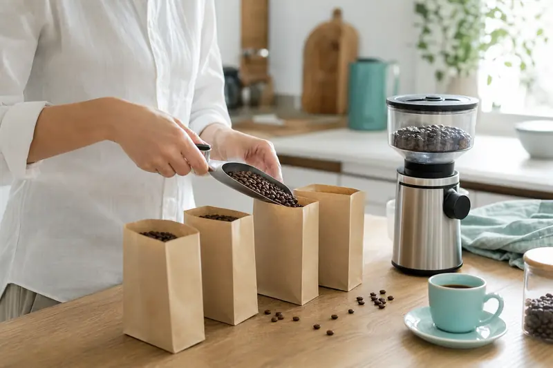 Pesée de café en grain au kilo dans une cuisine lumineuse.
