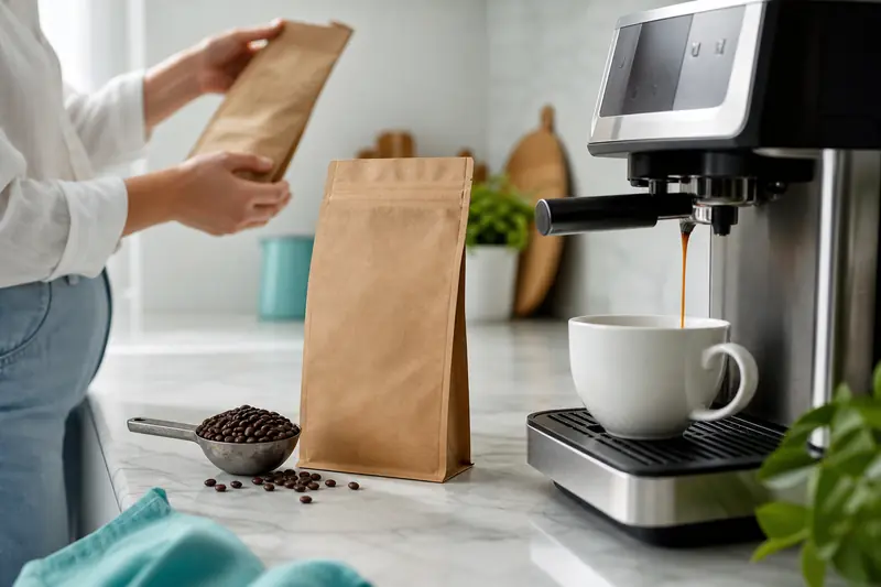 Café en grain près d’une machine à café automatique dans une cuisine claire