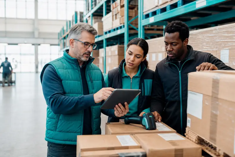 Équipe logistique utilisant un logiciel Generix dans un entrepôt de distribution.