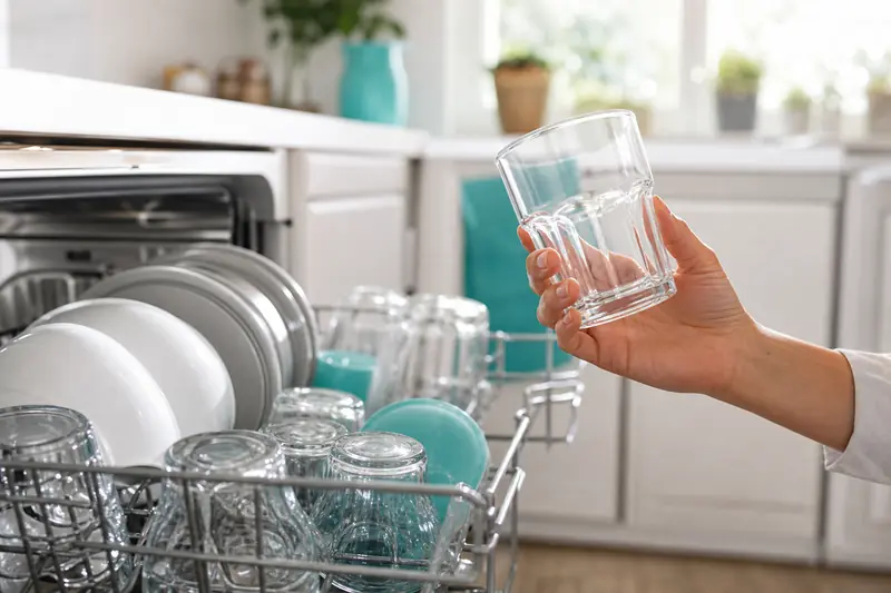 Verres et assiettes propres rangés dans un lave-vaisselle ouvert, lumière du jour