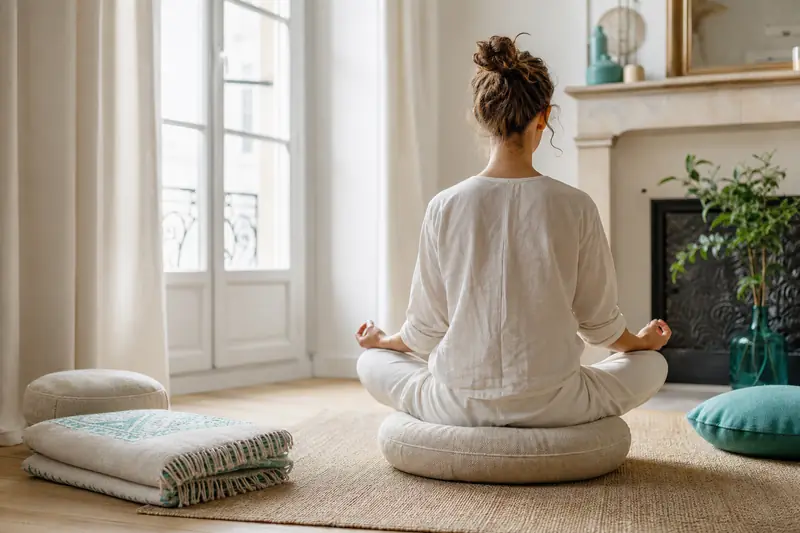 Personne assise sur un coussin de méditation dans un intérieur lumineux.