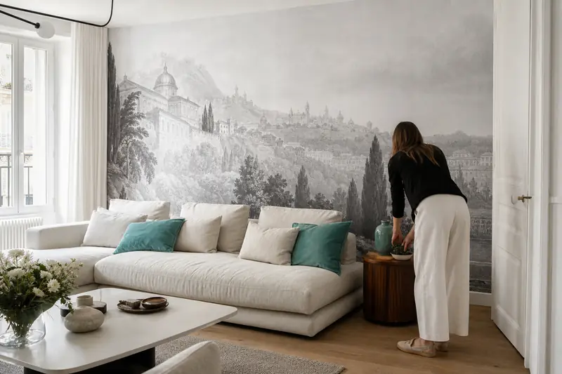 Papier peint panoramique noir et blanc dans un salon lumineux et épuré