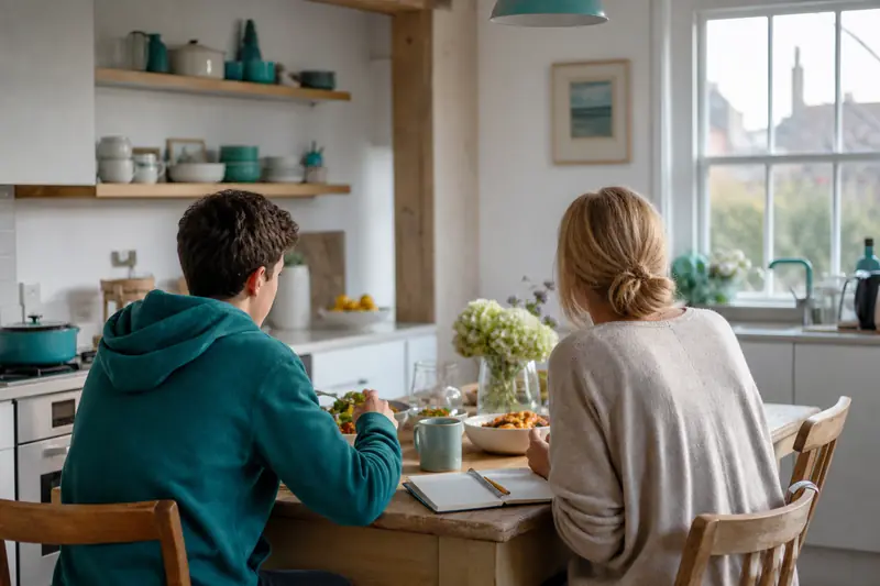 Adolescent en séjour linguistique en famille d’accueil anglaise autour d’un repas.