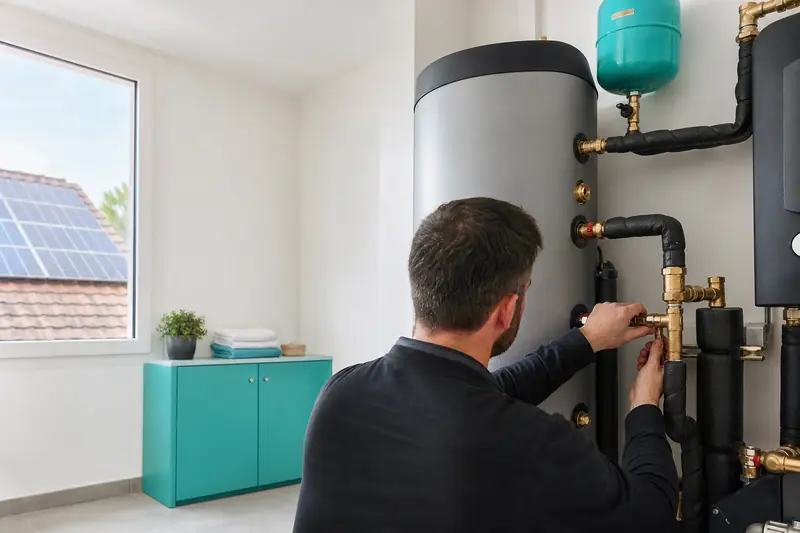 Installation de chauffage solaire thermique reliée à un ballon dans une maison française