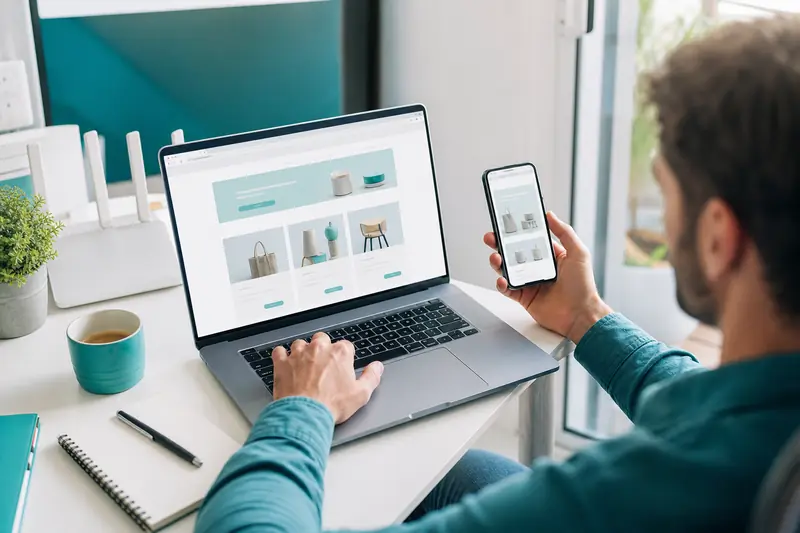 Entrepreneur teste la performance site web sur ordinateur portable et smartphone.