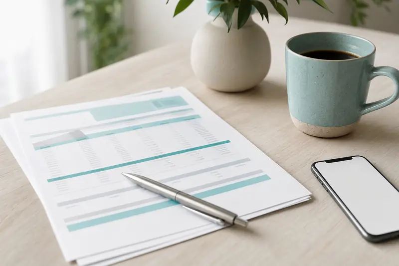 Relevé de compte bancaire papier posé sur une table avec une tasse et un téléphone