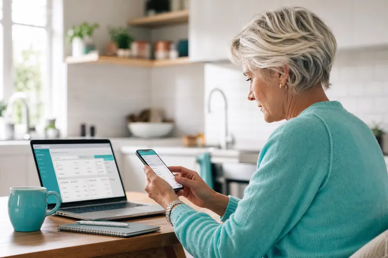 Personne consultant son relevé bancaire sur smartphone à côté d'un ordinateur portable