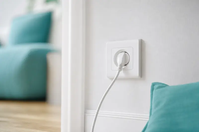 Gros plan sur une prise électrique murale blanche avec un câble branché