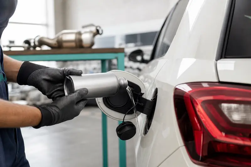 Additif de nettoyage catalyseur versé dans le réservoir d’une voiture.