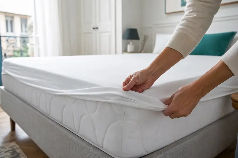 Protège-matelas discret ajusté sur un matelas avant la pose du drap-housse