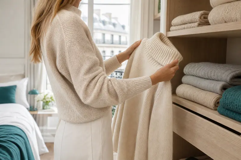 Femme choisissant un pull col roulé en laine dans une chambre lumineuse