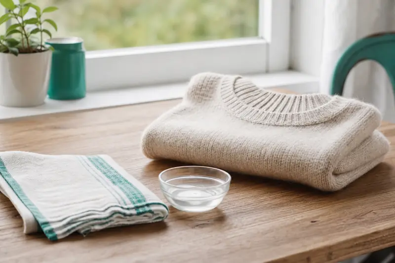 Pull en laine beige plié sur une table en bois, près d'un gant de toilette
