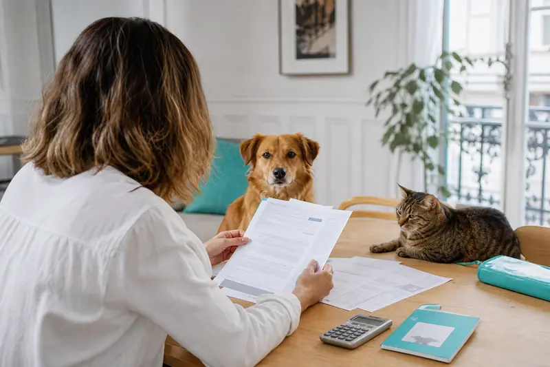 Propriétaire comparant une assurance animaux avec son chien et son chat