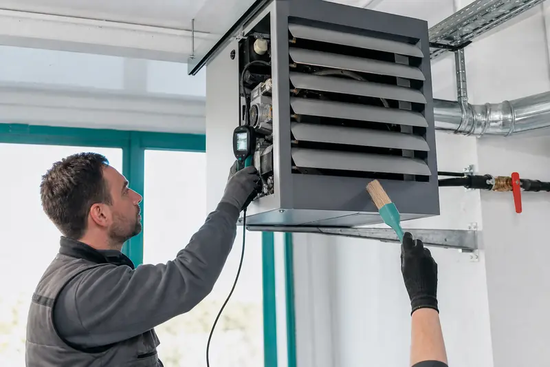 Technicien contrôlant l’entretien d’un aérotherme gaz dans un atelier lumineux