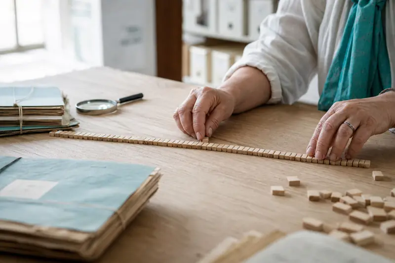 Lettres en bois alignées pour évoquer un nom de famille très long.