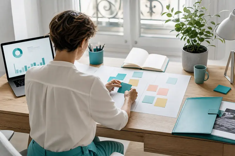 Professionnel organisant son parcours de carrière sur un bureau lumineux