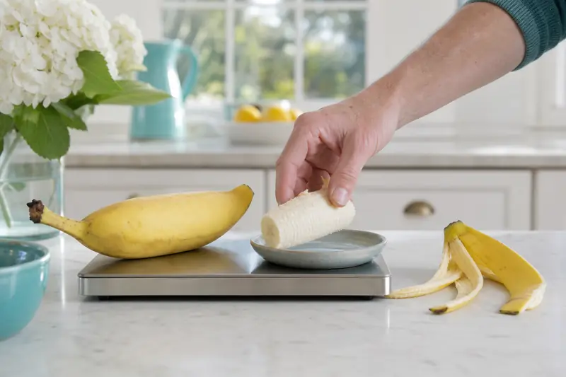 Mesure du poids moyen d’une banane sur une balance de cuisine