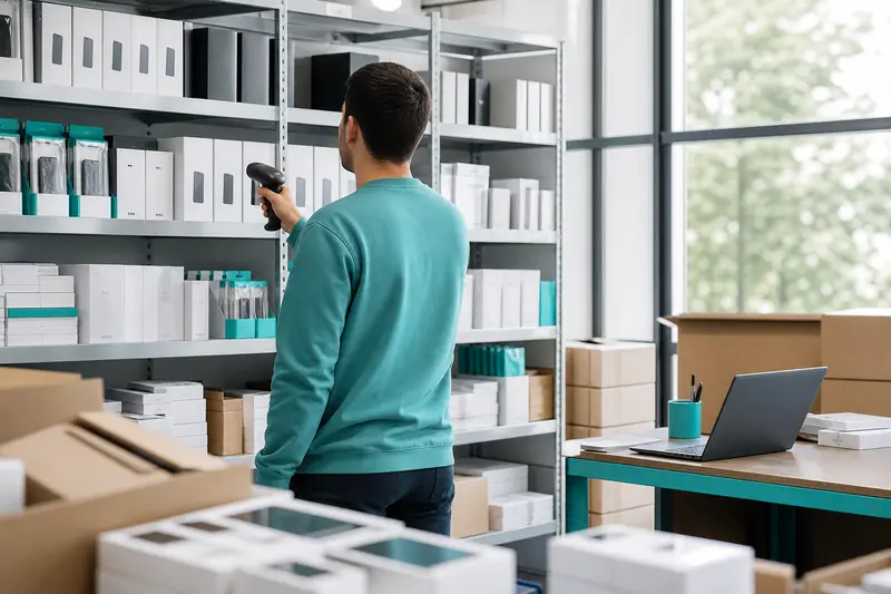 Employé préparant des smartphones dans l’entrepôt d’un grossiste mobile professionnel